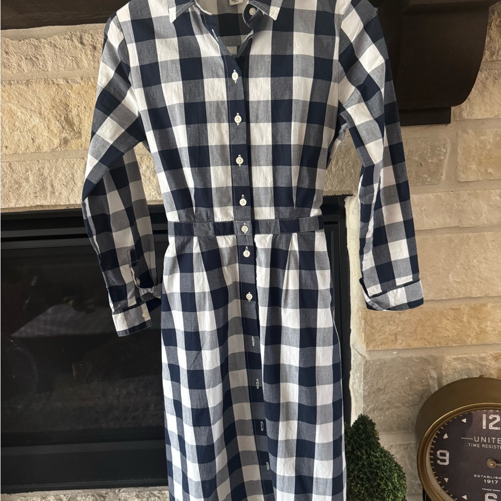 J. Crew Navy and White Long-Sleeve Checkered Shirt Dress